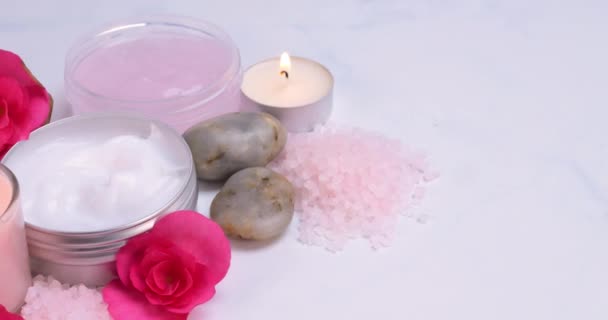 Body Lotion Bath Salt Scrub Flowers Candles Spa Natural Body — Stock Video