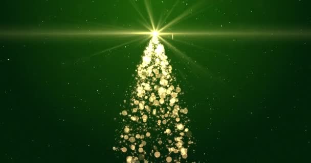 Ljus Julgran Med Blinkande Ljus Och Snöflingor Flyter Grön Bakgrund — Stockvideo