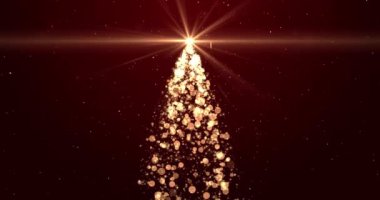 Parlayan ışıkları ve kırmızı arka planda yüzen kar taneleri olan parlak bir Noel ağacı. Kış tatili, yeni yıl, şenlikli dekorasyon konsepti. Kusursuz döngülü animasyon 4k