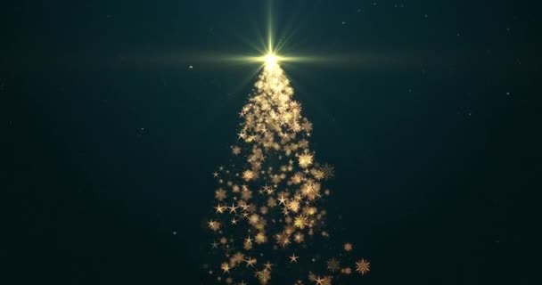 明るいクリスマスツリーは 青い背景に浮かぶ輝くライトスターと雪片が付いています 冬休み お祝いの装飾コンセプト シームレスループアニメーション4K — ストック動画
