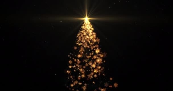 Árbol Navidad Brillante Con Luces Centelleantes Estrellas Copos Nieve Flotando — Vídeo de stock