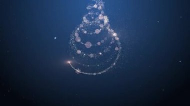 Parlayan altın rengi Noel ağacı animasyonu parçacıklar ışık ve mavi üzerine kar taneleri. Tatil konsepti ve arka plan 4k