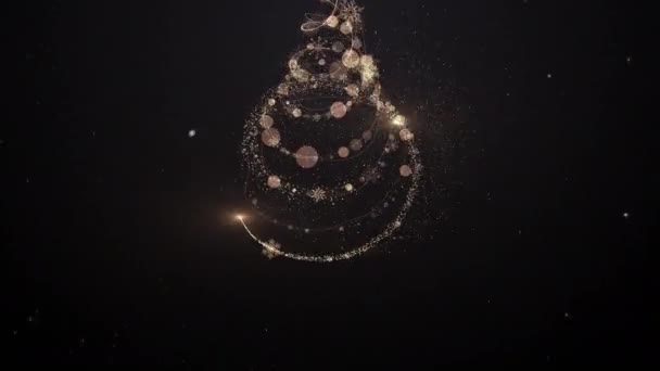 闪烁着金色圣诞树动画的粒子照亮了星星 雪花照亮了黑色 假日概念背景4K — 图库视频影像