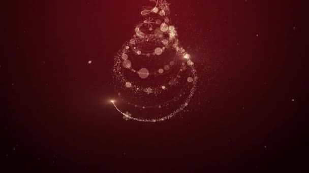 Светящиеся Золотые Рождественские Елки Анимация Частицами Огни Звезд Снежинки Красный — стоковое видео