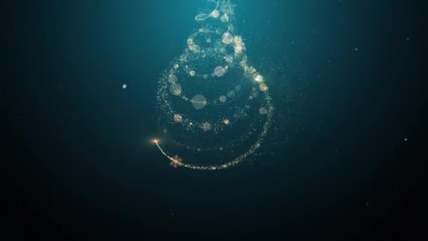 Λαμπερό Χρυσό Χριστουγεννιάτικο Δέντρο Animation Σωματίδια Φώτα Αστέρια Και Νιφάδες — Αρχείο Βίντεο