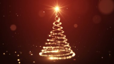 Parlayan altın rengi Noel ağacı animasyonu parçacıklar ışık ve kırmızıda kar taneleri. Tatil kavramı ve arkaplan