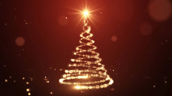 Glowing gold Christmas tree animation with particles lights stars and snowflakes on red. Holiday concept and background