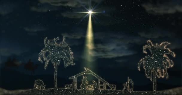 明亮的圣诞场景动画 闪烁着繁星 生气勃勃的人物 动物和树木 在繁星点点的天空和飘扬的云彩下 无缝隙的圣诞循环故事 — 图库视频影像