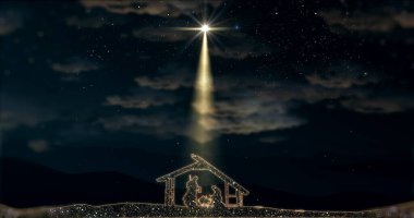 Parlayan yıldızlı, İsa 'nın doğuşu karakterli, yemlikli parlak bir Noel sahnesi. Yıldızlı gökyüzünün altında ve hareket eden ince bulutların altında İsa 'nın doğuşu hikayesi.