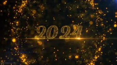 Yeni yıl 2024 ve şenlikli siyah arka planda altın ışık parçacıkları. Kış tatili konsepti 4k