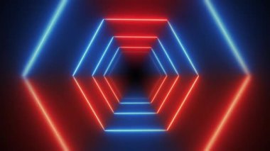 Mavi ve kırmızıda neon ışıkları altıgen tünel. İlham verici video projeleri, sunumlar, raporlar, reklamlar, sosyal medya için kullanılan döngü arka planı.