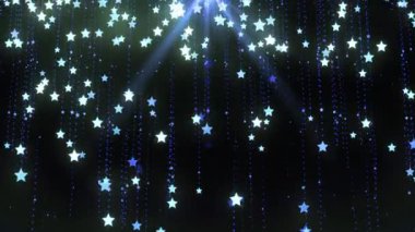 Noel arkaplanı, yıldız parçacıkları ve mavi üzerine düşen ışıklarla dolu. Noel, Kış, Yılbaşı, Tatil projeleri konsepti. Kusursuz döngü 4K