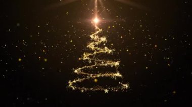 Kar taneleri ve altın parçacıkları ile parıldayan Noel ağacı animasyonu. Tatil konsepti ve arka plan 4k