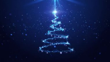 Kar taneleri ve mavi parçacıklarla parlayan Noel ağacı animasyonu. Tatil konsepti ve arka plan 4k