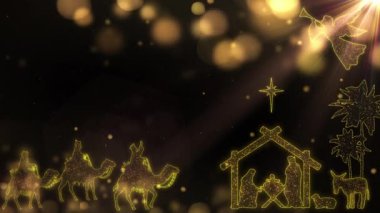 Işık parçacıkları, İsa 'nın doğumu karakterleri, yemlik, üç bilge adam ve ağaçlarla dolu parlak bir Noel sahnesi animasyonu. Doğumun kusursuz döngüsü. Noel hikayesi. Melek şarkı söylüyor. 4k