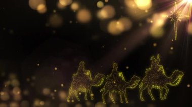 Beytüllahim yıldızına ışık parçacıkları içinde bakan üç bilge adam. Kusursuz İsa 'nın doğumu Noel hikâyesi. 4k