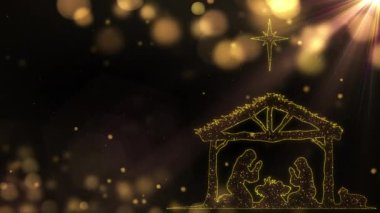 Işık parçacıkları Joseph ve Mary 'nin yemlikte dua ettiği parlak Noel sahnesi animasyonu. Büyük bir yıldızın altında kusursuz İsa 'nın doğumu Noel hikâyesi. 4k