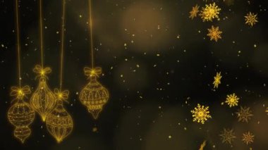 Altın arka planda kar ve pullarla süslenmiş bir Noel balosu. Noel unsurları asılı. Kusursuz döngü 4k