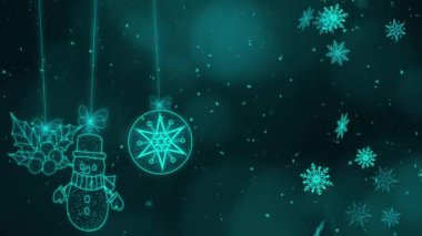 Turkuaz arka planda kar ve pullarla süslenmiş Noel süsü. Kardan adam, Noel topu elemanı ve ökseotu asılı. Kusursuz döngü 4k
