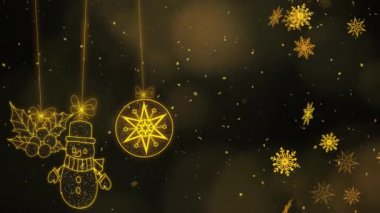 Altın arka planda kar ve pullarla süslenmiş bir Noel süsü. Kardan adam, Noel topu elemanı ve ökseotu asılı. Kusursuz döngü 4k