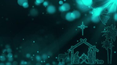Işık parçacıkları, İsa 'nın doğumu karakterleri, ahır, yıldız ve ağaçlarla dolu parlak bir Noel sahnesi animasyonu. Doğumun kusursuz döngüsü. Noel hikayesi. Melek şarkı söylüyor. 4k