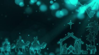 Işık parçacıkları, İsa 'nın doğumu karakterleri, yemlik, üç bilge adam ve ağaçlarla dolu parlak bir Noel sahnesi animasyonu. Doğumun kusursuz döngüsü. Noel hikayesi. Melek şarkı söylüyor. 4k
