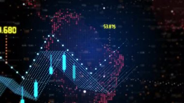 Farklı dünya bölgelerinde rakamların artıp azaldığını gösteren ticaret grafiği. Finansal piyasa, yatırım, ekonomi analiz kavramı. 4k