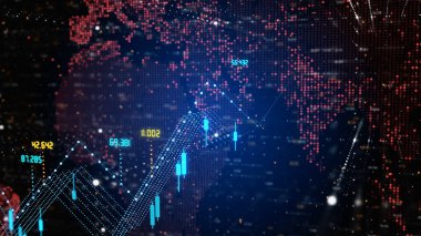 Farklı dünya bölgelerinde rakamların artıp azaldığını gösteren ticaret grafiği. Finansal piyasa, yatırım, ekonomi analiz kavramı.