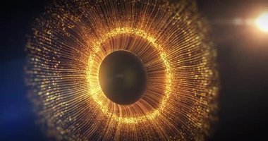 Uzayda soyut göz, mavi zemin üzerinde altın ışık parçacıkları ile ilham verici video projeleri, sunumlar, raporlar, reklamlar, sosyal medya için kullanılır. 4k