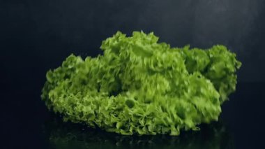 Siyah arka plana düşen taze marul. Sağlıklı çiğ organik yiyecekler, vitaminler, sebze konsepti. Yavaş çekim 4k