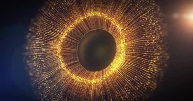 Uzayda soyut göz, mavi zemin üzerinde altın ışık parçacıkları ile ilham verici video projeleri, sunumlar, raporlar, reklamlar, sosyal medya için kullanılır. Bu videoyu üç boyutlu animasyon özelliklerini kullanarak üç boyutlu bir programla yaptım..