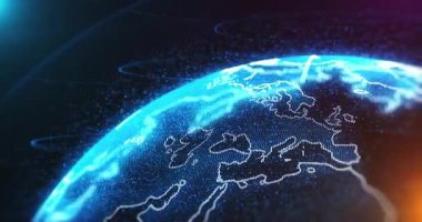 Mavi üzerinde hareket eden parçacıkların ve çizgilerin olduğu parlak bir dünya. Bağlantı ve teknoloji kavramı. Bu videoyu 3 boyutlu animasyon özelliklerini kullanarak yaptım. Kusursuz döngü 4K