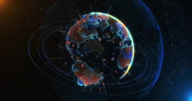 Hologramlı Dünya küresi uzayda dönen ışık ve parçacıklar. Bağlantı ve teknoloji kavramı. Bu videoyu 3 boyutlu animasyon özelliklerini kullanarak yaptım. Kusursuz döngü 4K