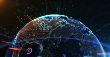 Hologramlı Dünya küresi uzayda dönen ışık ve parçacıklar. Bağlantı ve teknoloji kavramı. Bu videoyu 3 boyutlu animasyon özelliklerini kullanarak yaptım. Kusursuz döngü 4K