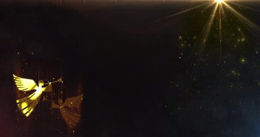 Işık parçacıkları arka planında trompetlerle oynayan iki parlayan Noel meleği ve büyük yıldız. 4K şarkısını söyleyen kusursuz melekler döngüsü.