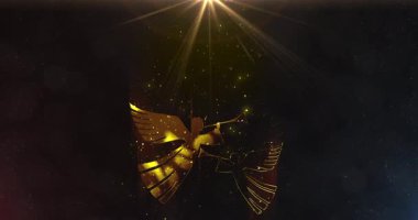 Işık parçacıkları arka planında trompetlerle oynayan iki parlayan Noel meleği ve büyük yıldız. 4K şarkısını söyleyen kusursuz melekler döngüsü.