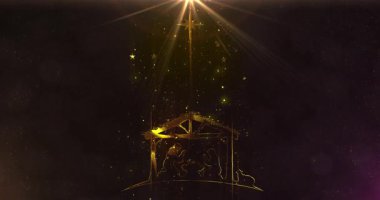 Işık parçacıkları Joseph ve Mary 'nin yemlikte dua ettiği parlak Noel sahnesi animasyonu. Büyük bir yıldızın altında kusursuz İsa 'nın doğumu Noel hikâyesi. 4k.