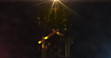 Işık parçacıkları Joseph ve Mary 'nin yemlikte dua ettiği parlak Noel sahnesi animasyonu. Büyük bir yıldızın altında kusursuz İsa 'nın doğumu Noel hikâyesi. 4k