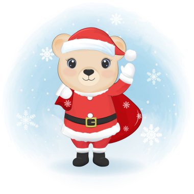 Noel Baba kostümlü şirin ayı Noel çizimi