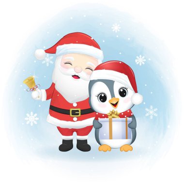 Şirin Penguen ve Noel Baba. Noel mevsimi çizimi.