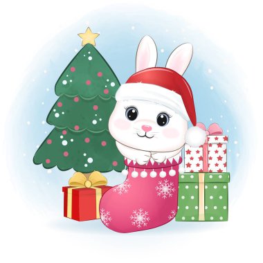 Çorap ve hediye kutularındaki küçük tavşan. Noel mevsimi çizimi