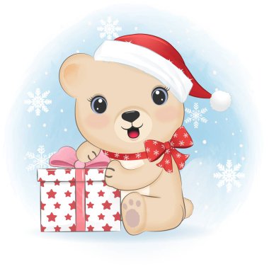 Şirin Ayı ve hediye kutusu Noel çizimi.