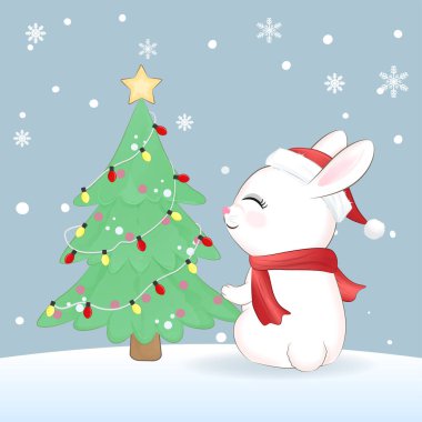 Sevimli küçük tavşan ve Noel ağacı. Noel mevsimi illüstrasyon arka planı