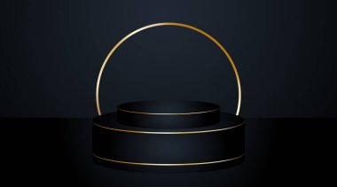 Siyah podyum ve koyu arkaplan illüstrasyonunda altın çizgi