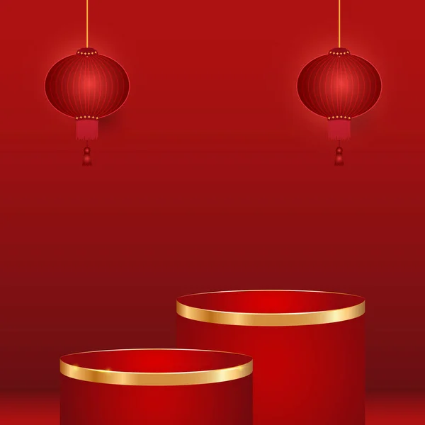 Punainen Korokkeella Kultainen Viiva Kiinalainen Lyhty Punaisella Pohjalla — vektorikuva
