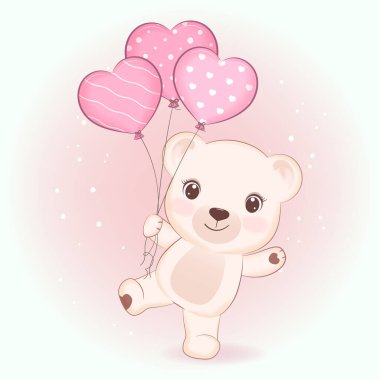 Cute Teddy Bear and heart balloon, valentine's day concept illustration