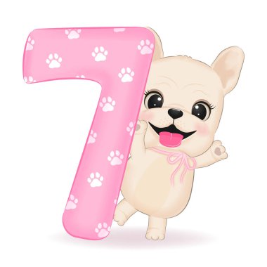 Cute French Bulldog and number 7 illustration