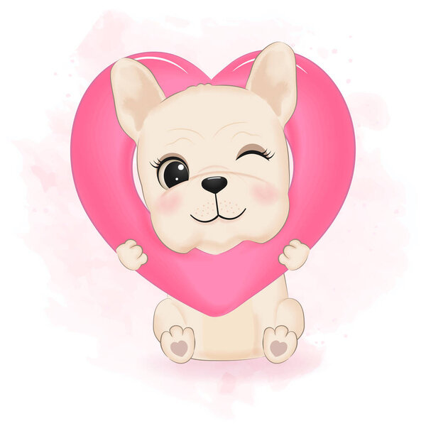 Cute French Bulldog and heart valentine's day concept illustration