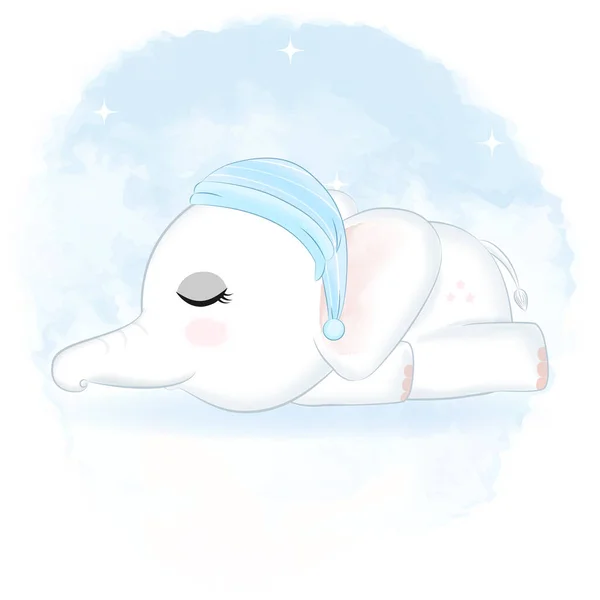 Cute Baby Elephant Sleeping Watercolor Background — Stock Vector