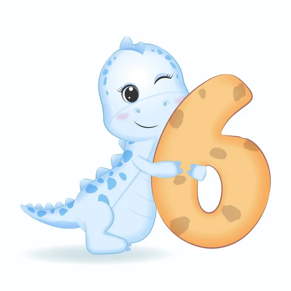Cute Blue Dinosaur Number Cartoon Illustration — Stock Vector
